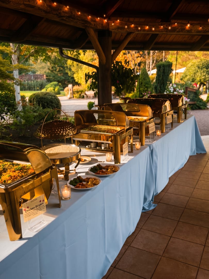Outdoor buffet table with golden chafing dishes, plates of food, and candles under string lights.