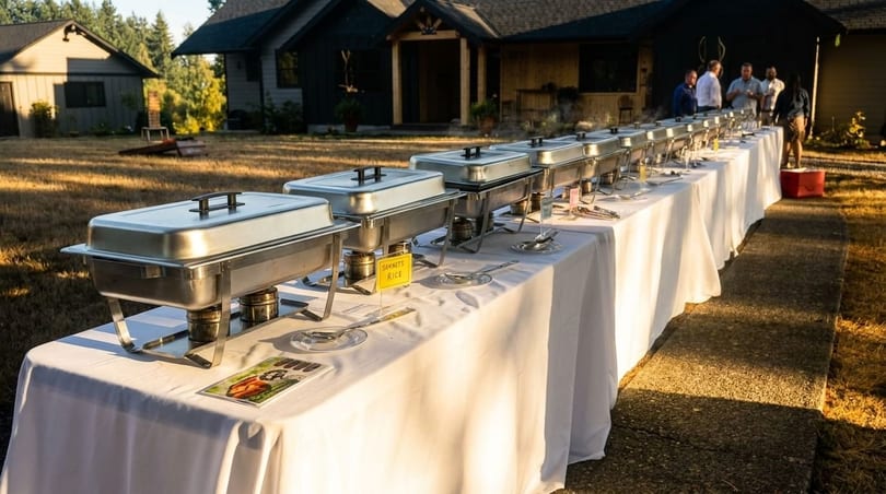 Long buffet table with chafing dishes and serving utensils outdoors, with people and houses in the background.