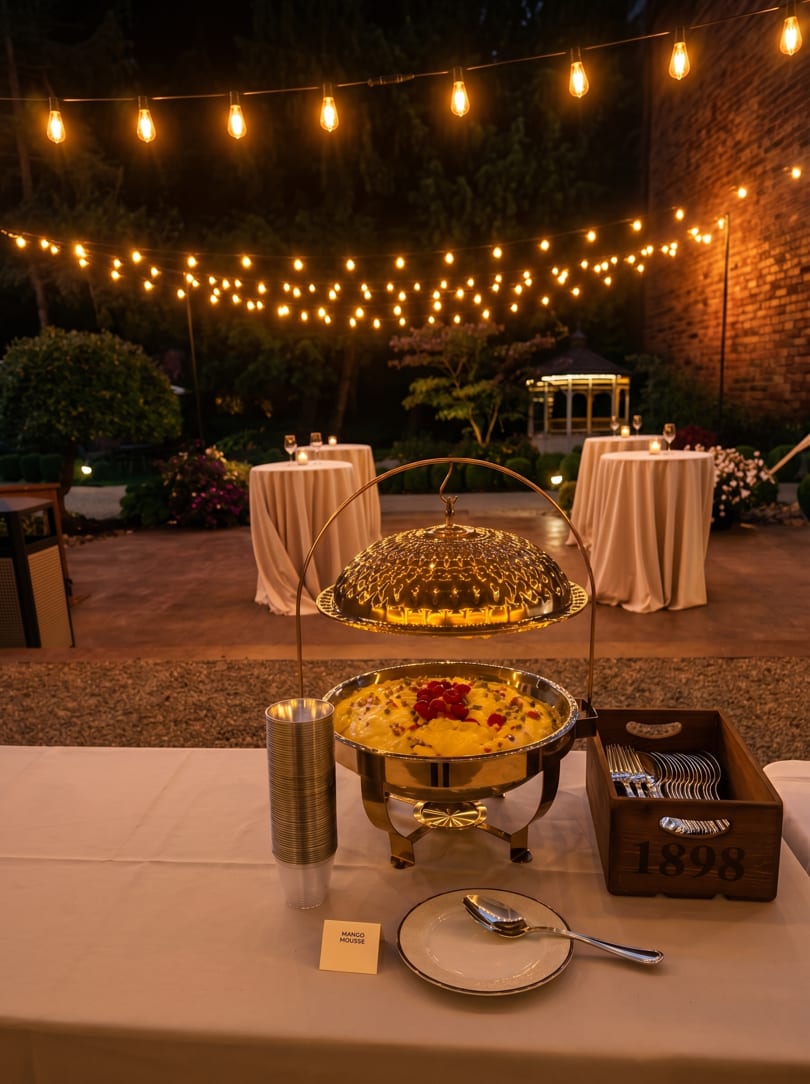 Outdoor evening buffet with a chafing dish of mango mousse, string lights, and cocktail tables.